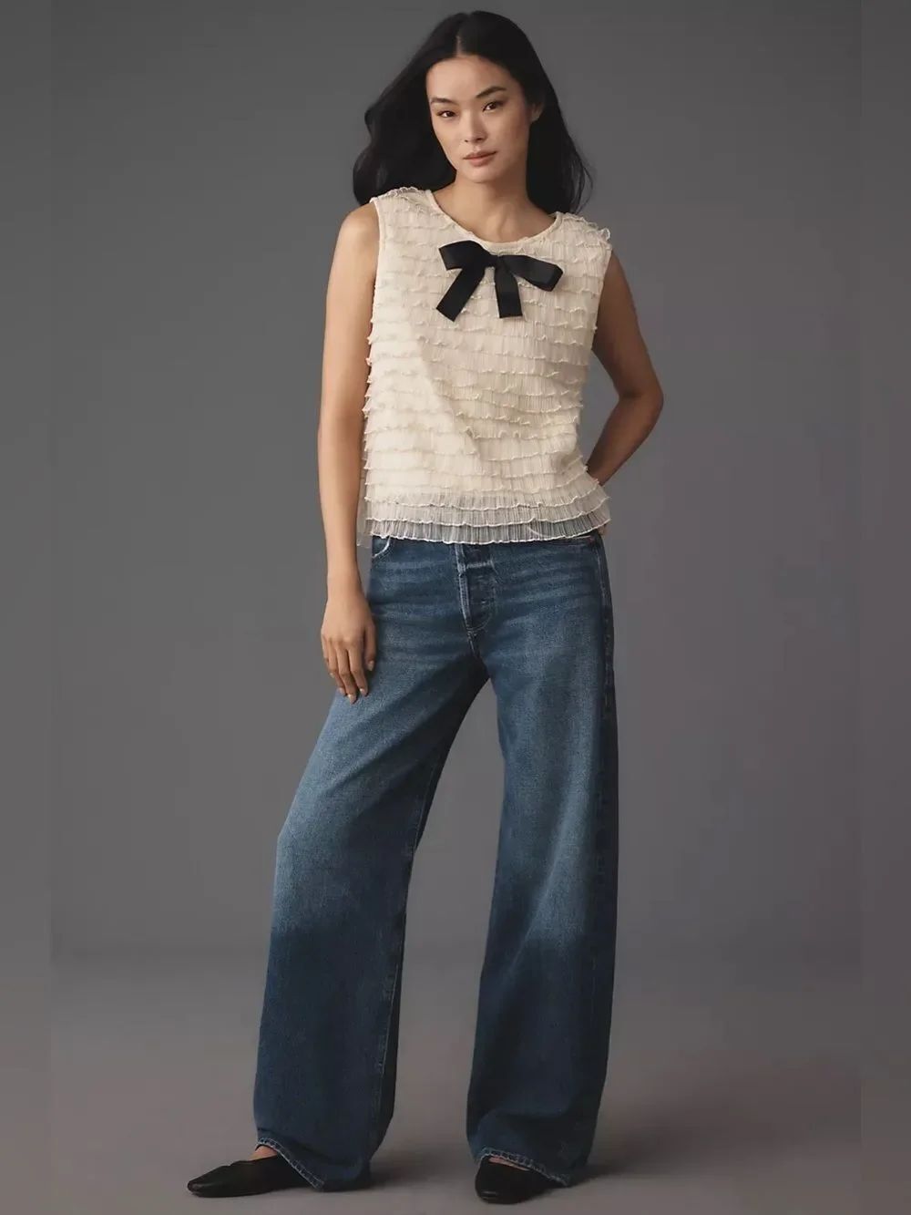 Anthropologie Blue Tassel Bow Tiered Ruffle Tank